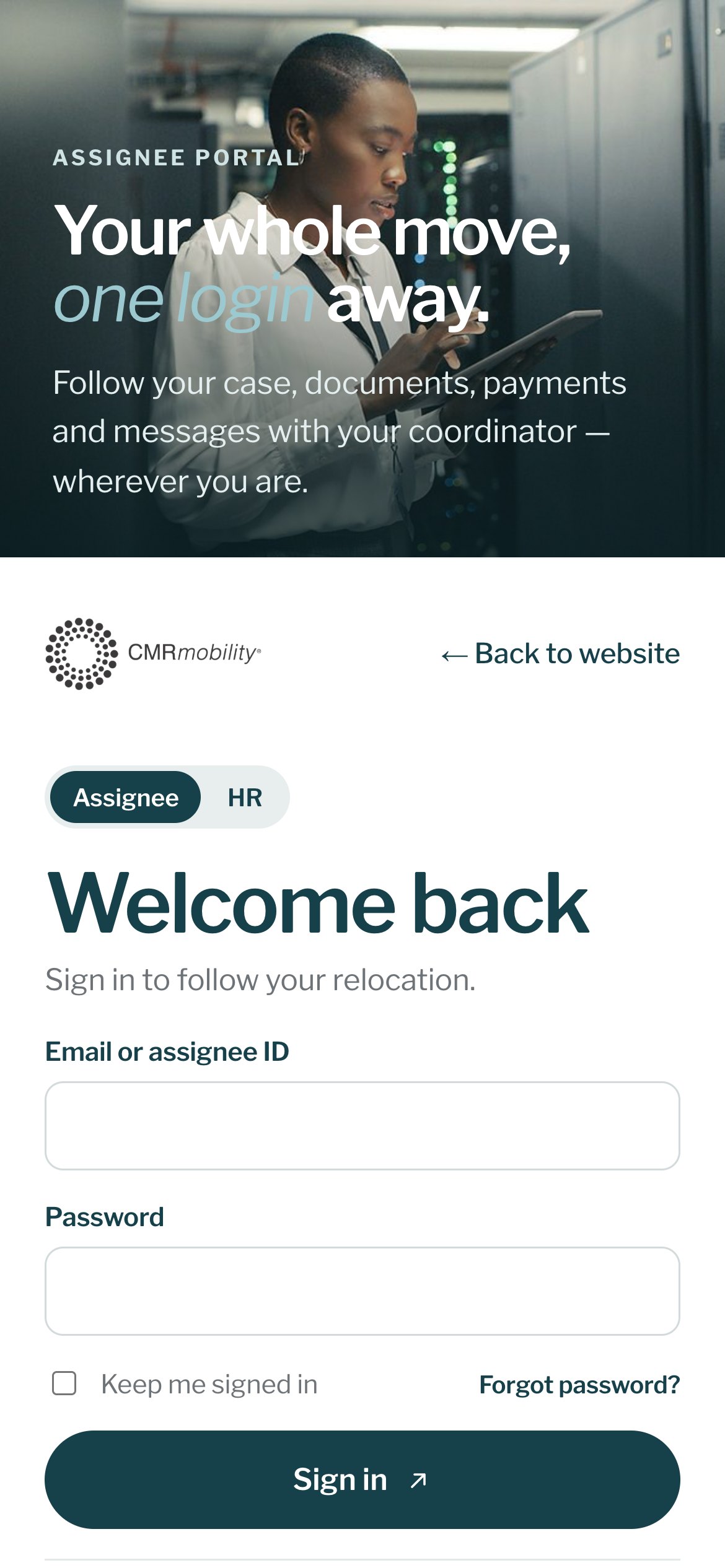 Sign-in screen of the mobile app